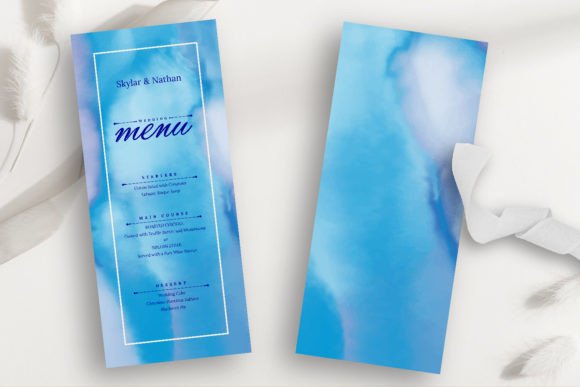 Download Modern Blue Watercolor Wedding Menu Card - Premium Bundle